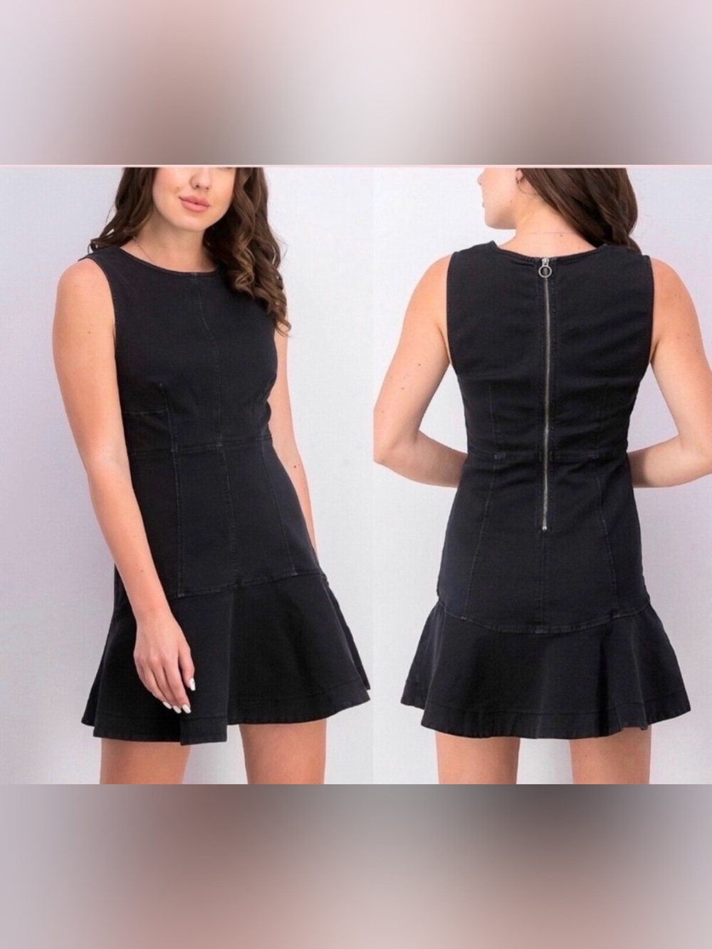 Free people pieced denim Black Sleeveless Flounce Hem Dress
